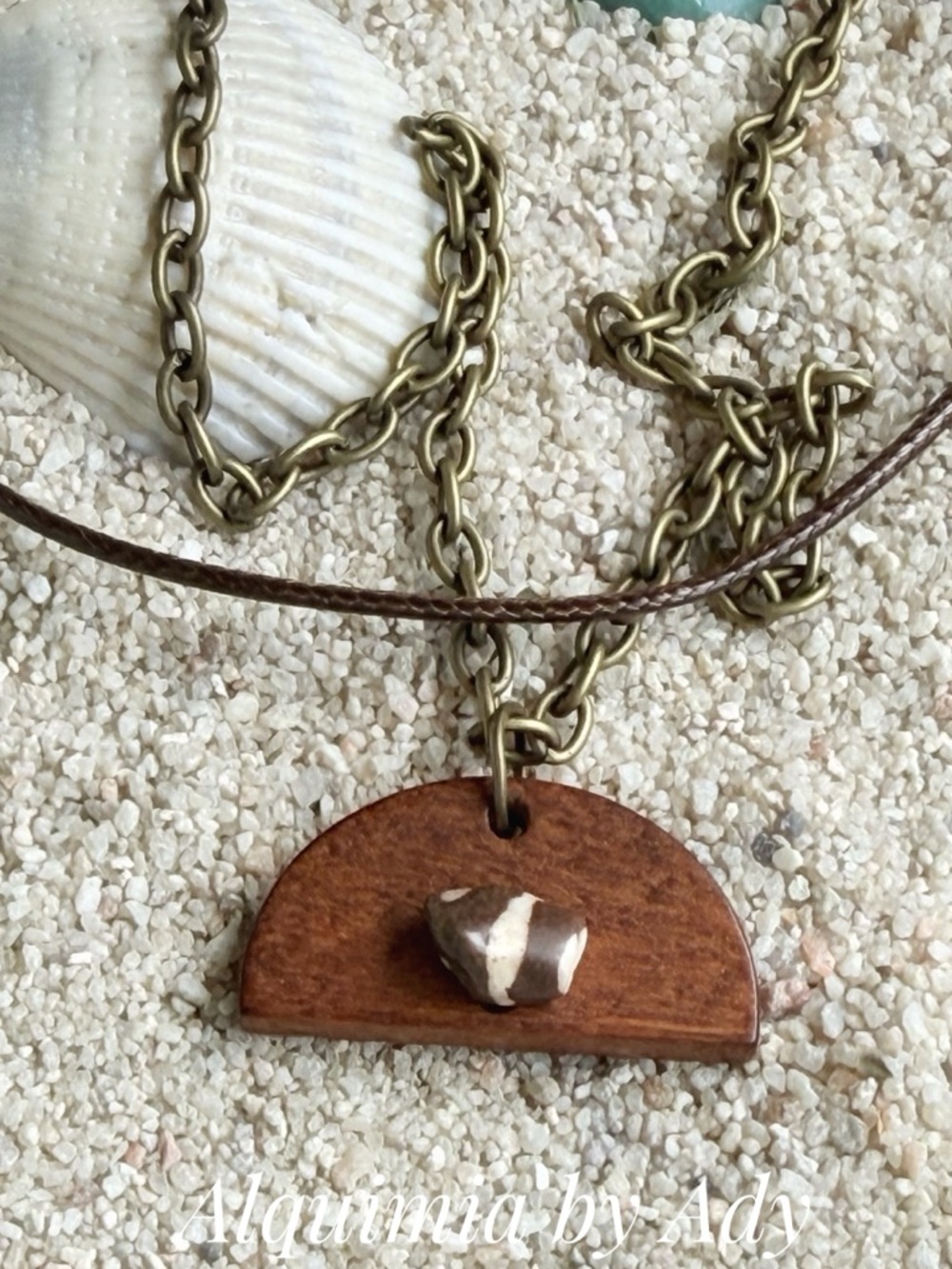 JASPER Brown Wooden Half-Moon Necklace with Cream Shell Accent